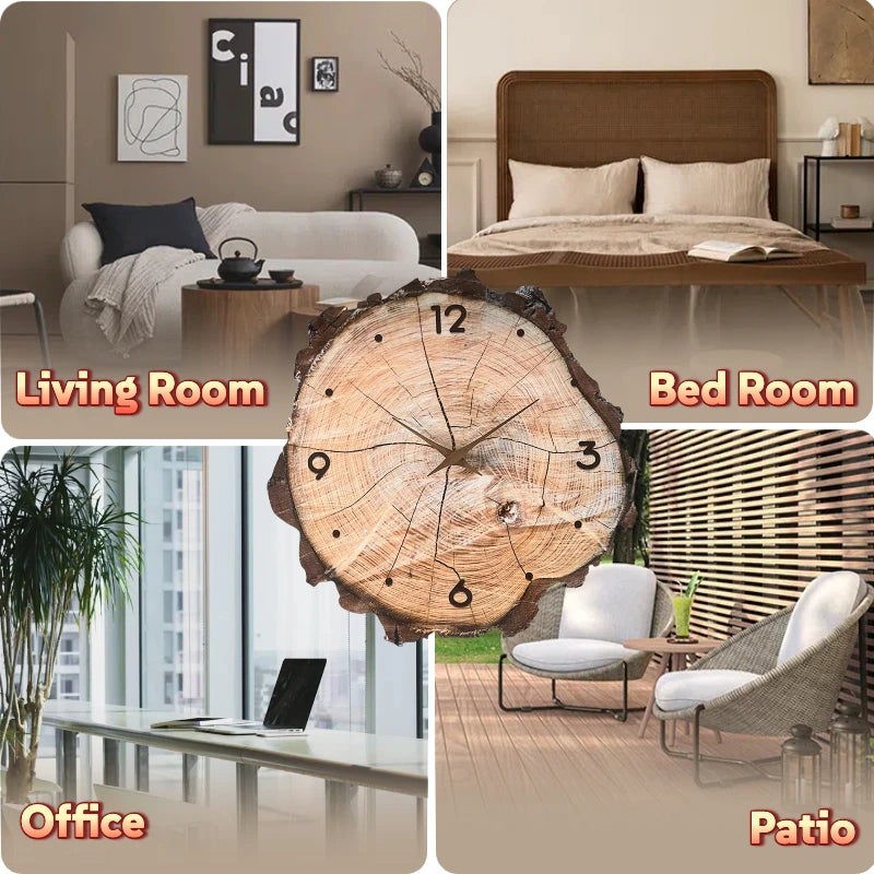 12 inch Wooden Ring Veneer Wall Clock Flat Wood Cross Section Texture Pattern Solid Wood Pointer Design Wall Clock Silent Clock