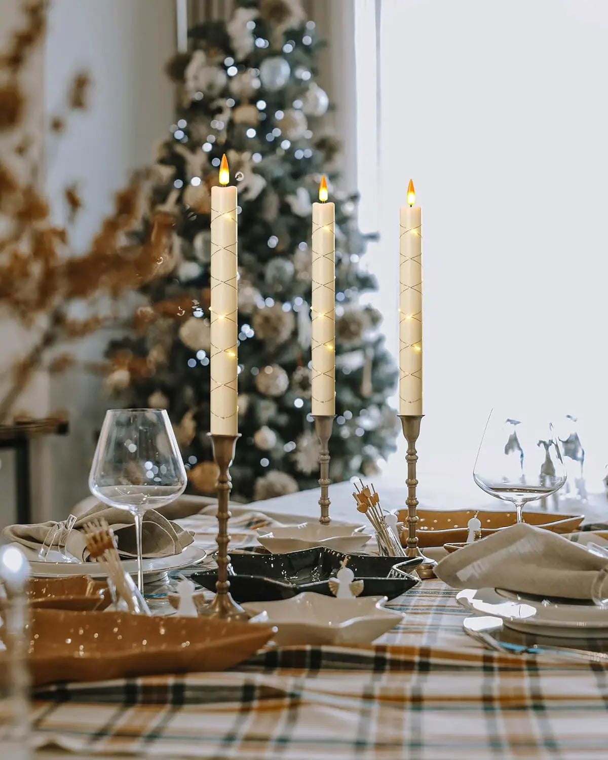 Flameless Candles with Remote Control & Timer, Surround String Lights, Battery Powered Free Black Bases for Home Décor Christmas