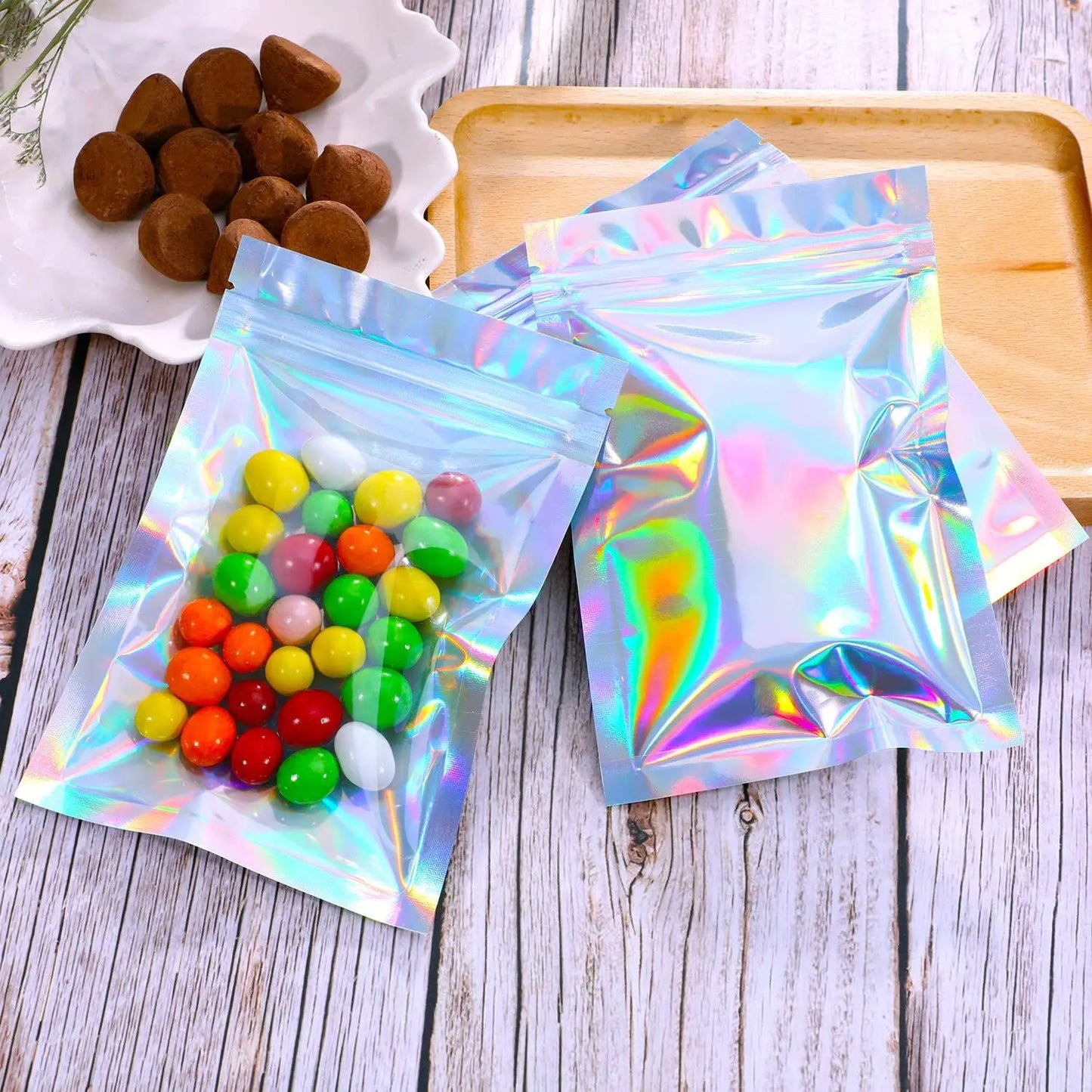 100 Pieces Resealable Smell Foil Proof Bag Foil Pouch Flat Bag for Party Favor Food Storage Holographic Color