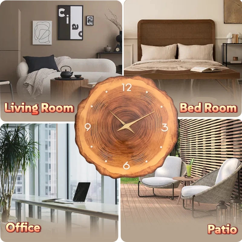 12 Inch Wall Clock for Living Room Decor Rustic Wall Clocks Battery Operated Brown Annual Ring Wall Clock Non Ticking