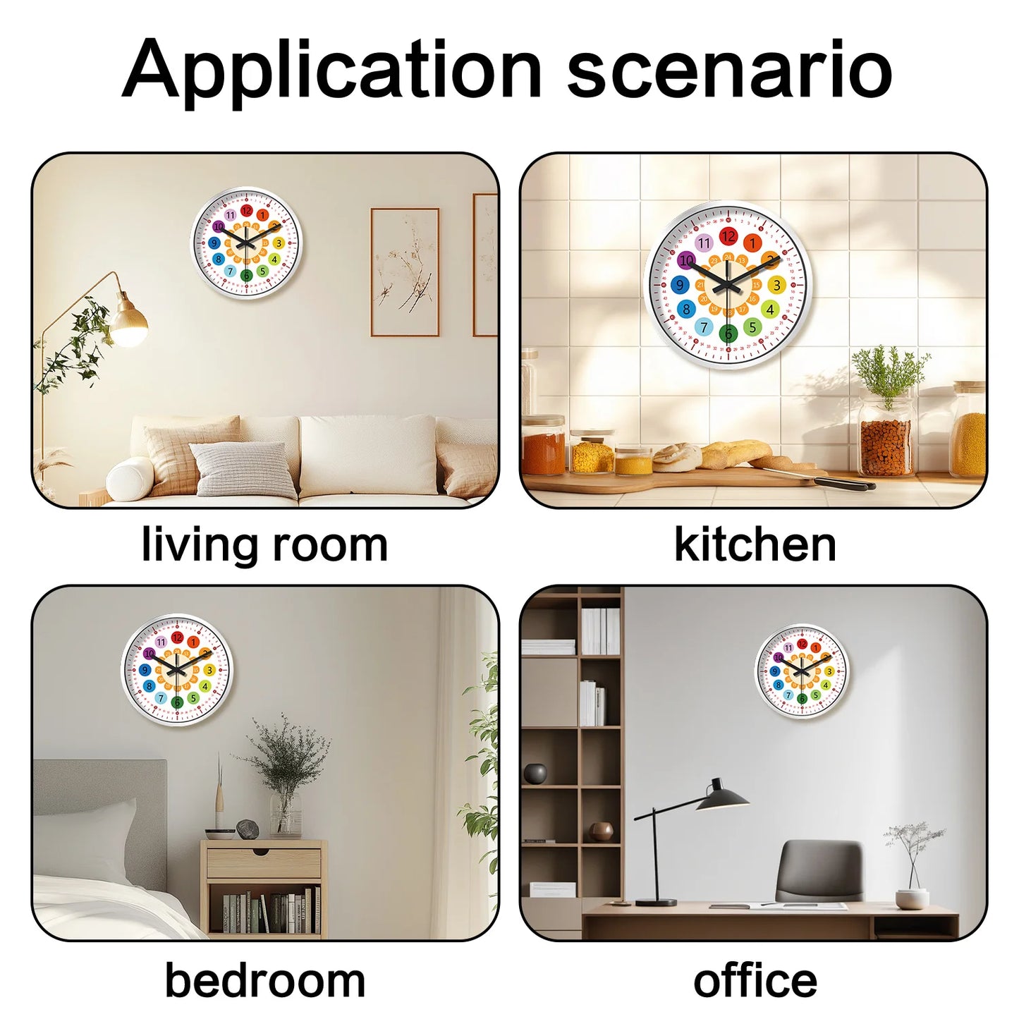12 Inch Wall Clock Silent Non-Ticking Battery Operated Kids Colorful Childrens Learning Clock for Kids Room Playroom Classroom