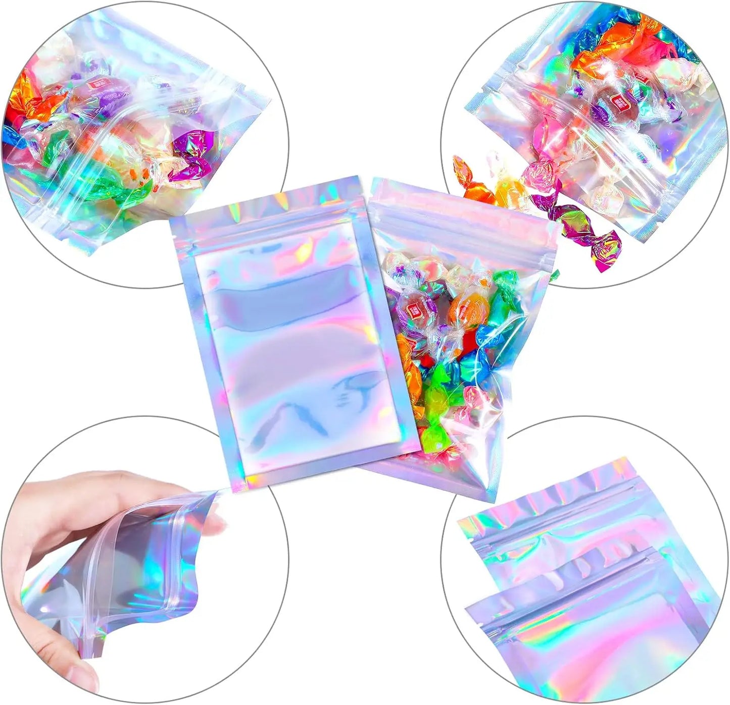 100 Pieces Resealable Smell Foil Proof Bag Foil Pouch Flat Bag for Party Favor Food Storage Holographic Color
