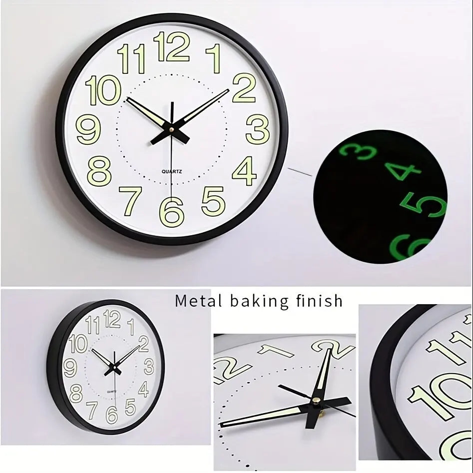 12" Night Light Wall Clock Non-Ticking Silent Luminous Black Round Glow in The Dark Battery Operated for Home/Garage/Office
