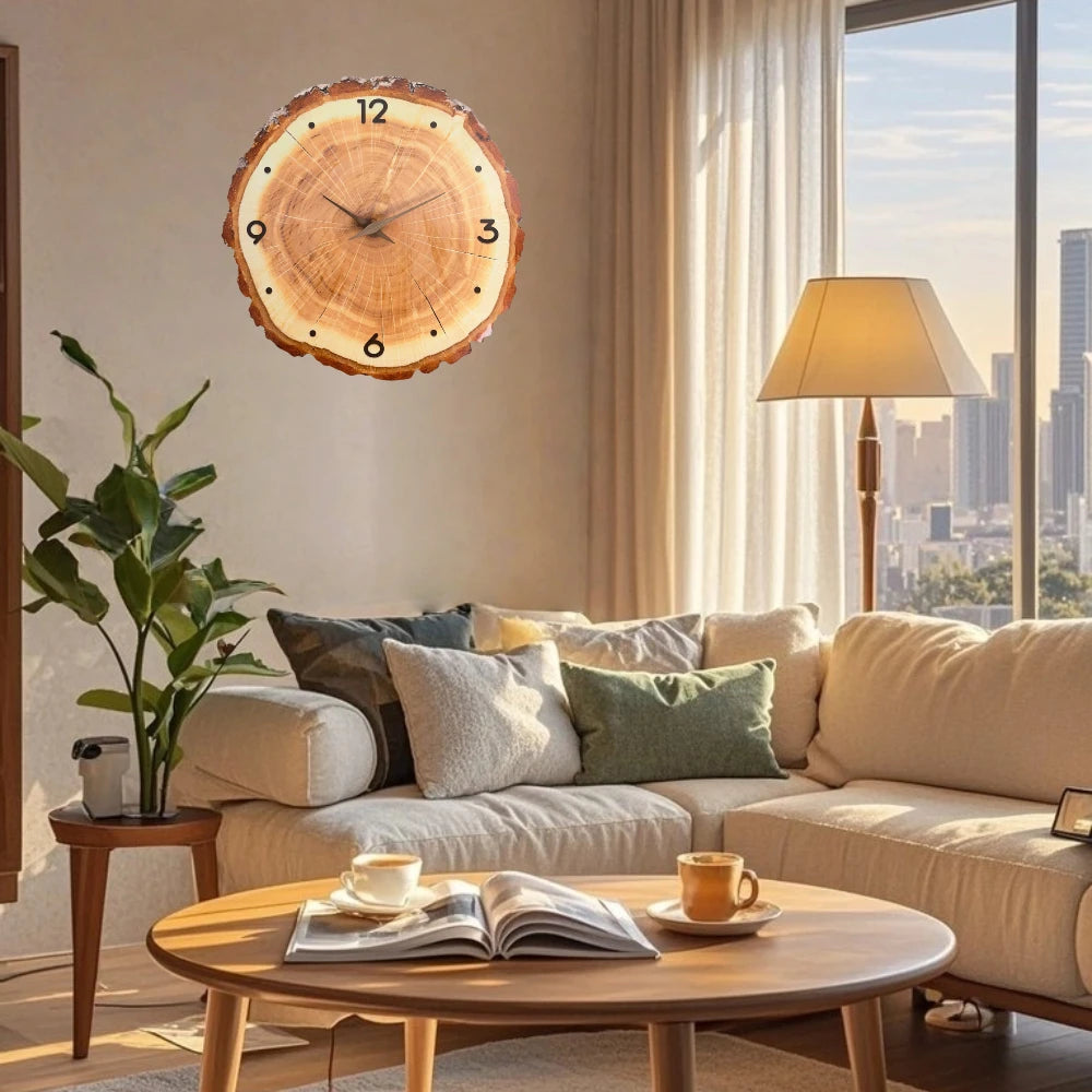 12 Inch Annual Ring Wall Clock Battery Operated Brown Annual Ring Wall Clock Non Ticking Living Room Bedroom Kitchen Home Dec.
