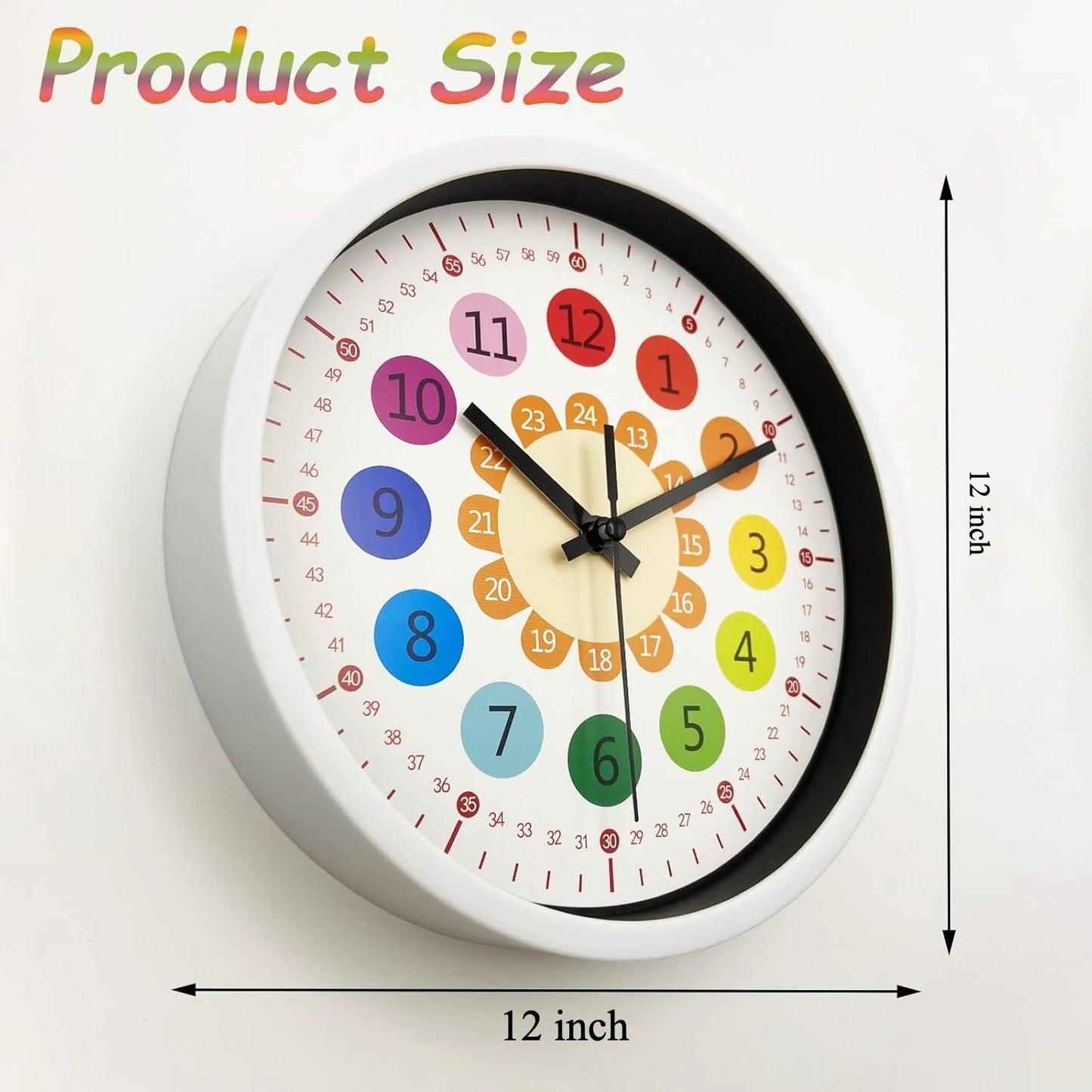 12 Inch Wall Clock Silent Non-Ticking Battery Operated Kids Colorful Childrens Learning Clock for Kids Room Playroom Classroom