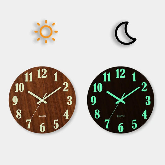 1Pc 12 Inch Luminous Wall Clock Wood Silent Light in Dark Night Nordic Fashion Wall Clock Non Ticking Clock with Night Light