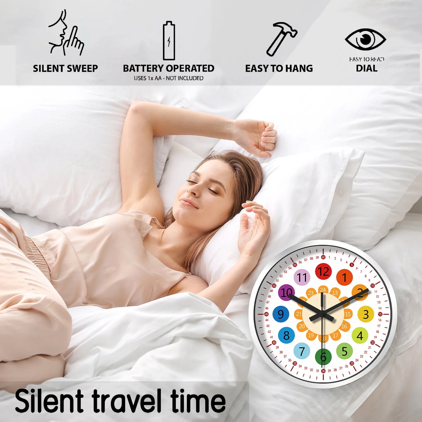 12 Inch Wall Clock Silent Non-Ticking Battery Operated Kids Colorful Childrens Learning Clock for Kids Room Playroom Classroom