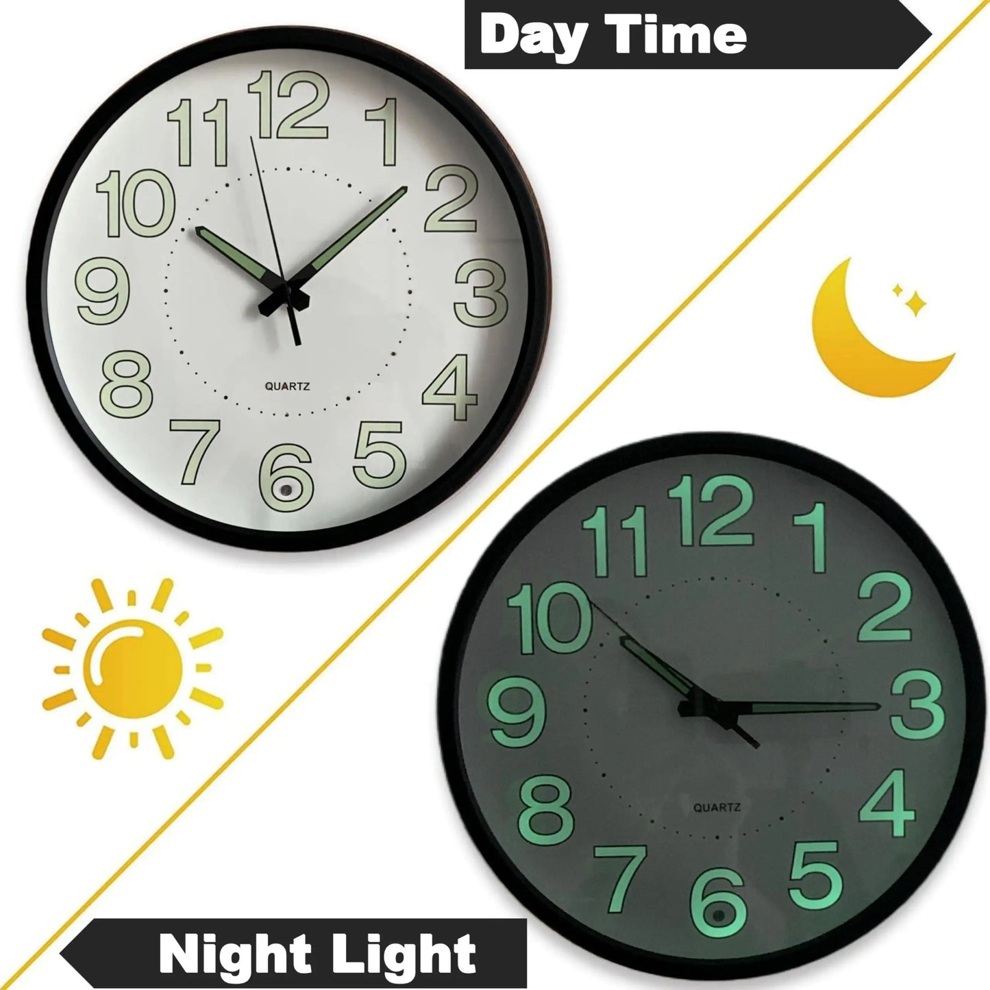 12" Night Light Wall Clock Non-Ticking Silent Luminous Black Round Glow in The Dark Battery Operated for Home/Garage/Office