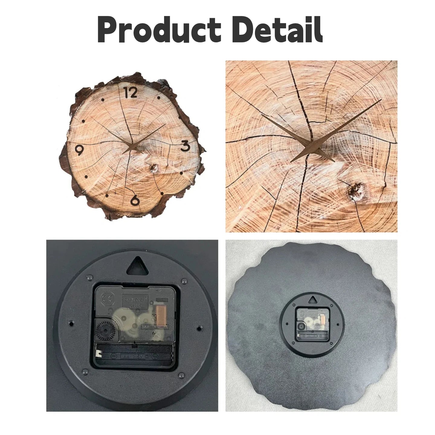 12 inch Wooden Ring Veneer Wall Clock Flat Wood Cross Section Texture Pattern Solid Wood Pointer Design Wall Clock Silent Clock