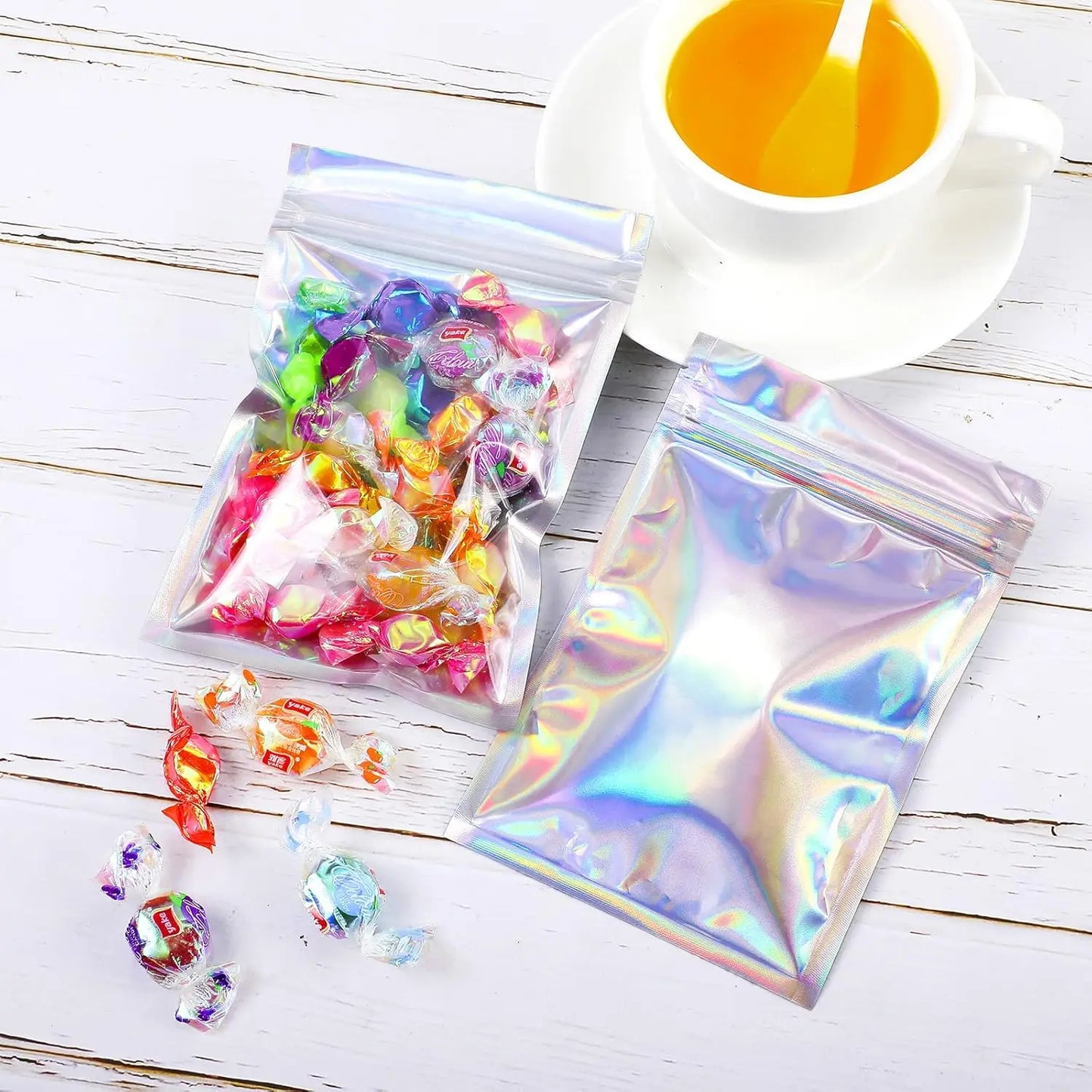 100 Pieces Resealable Smell Foil Proof Bag Foil Pouch Flat Bag for Party Favor Food Storage Holographic Color