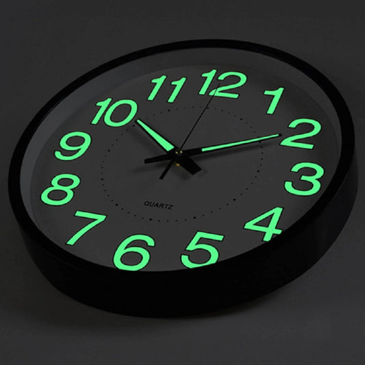 12" Night Light Wall Clock Non-Ticking Silent Luminous Black Round Glow in The Dark Battery Operated for Home/Garage/Office
