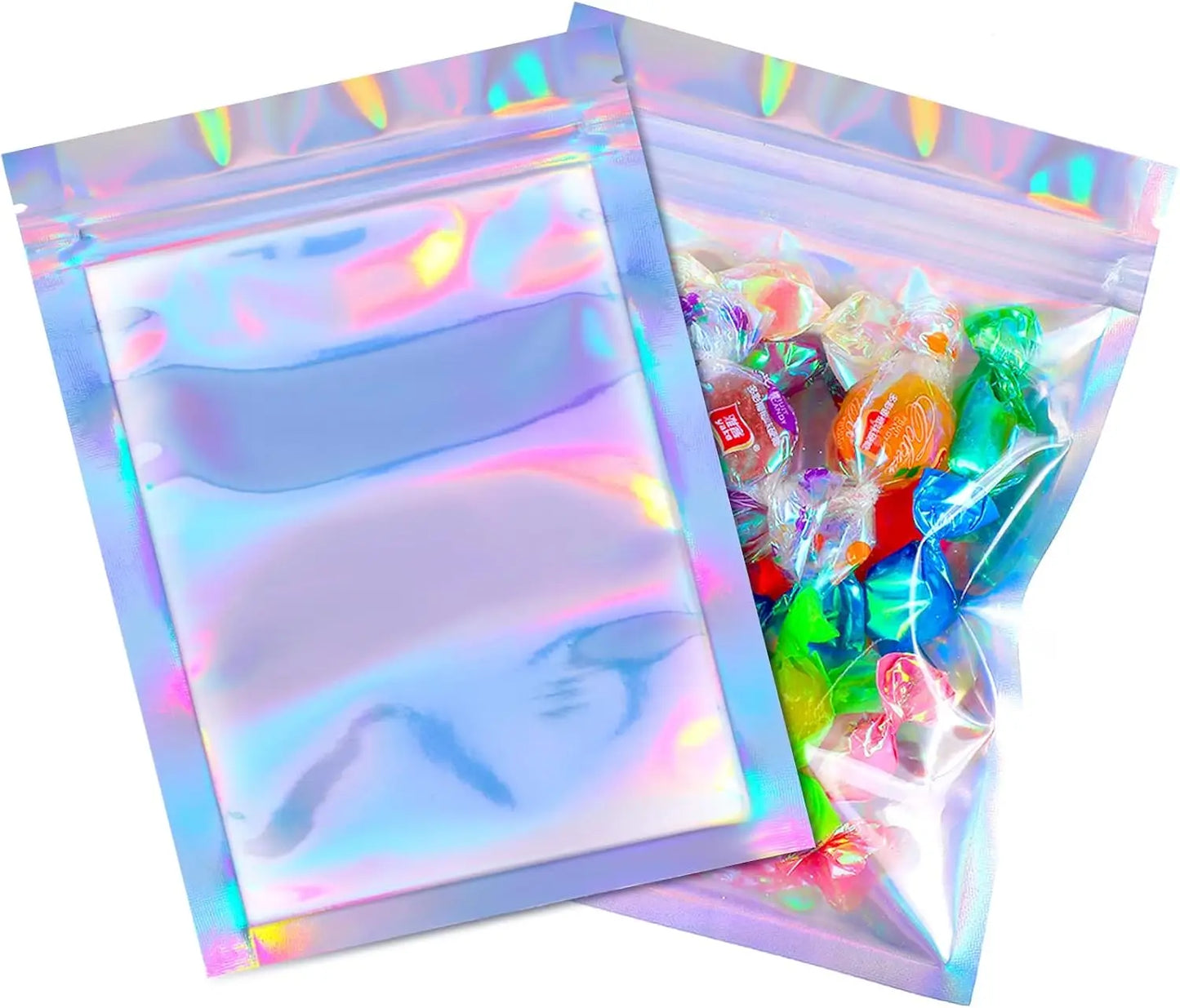 100 Pieces Resealable Smell Foil Proof Bag Foil Pouch Flat Bag for Party Favor Food Storage Holographic Color