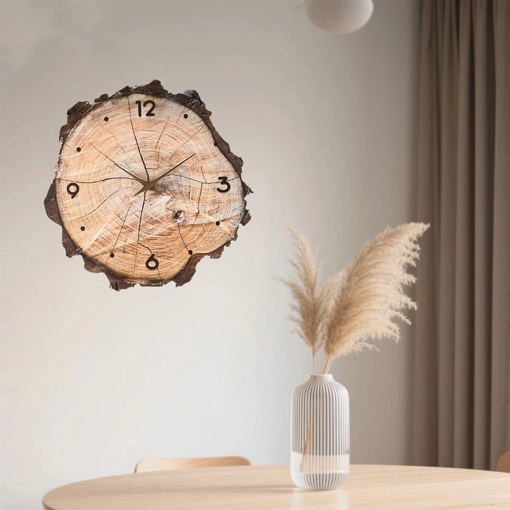 12 inch Wooden Ring Veneer Wall Clock Flat Wood Cross Section Texture Pattern Solid Wood Pointer Design Wall Clock Silent Clock