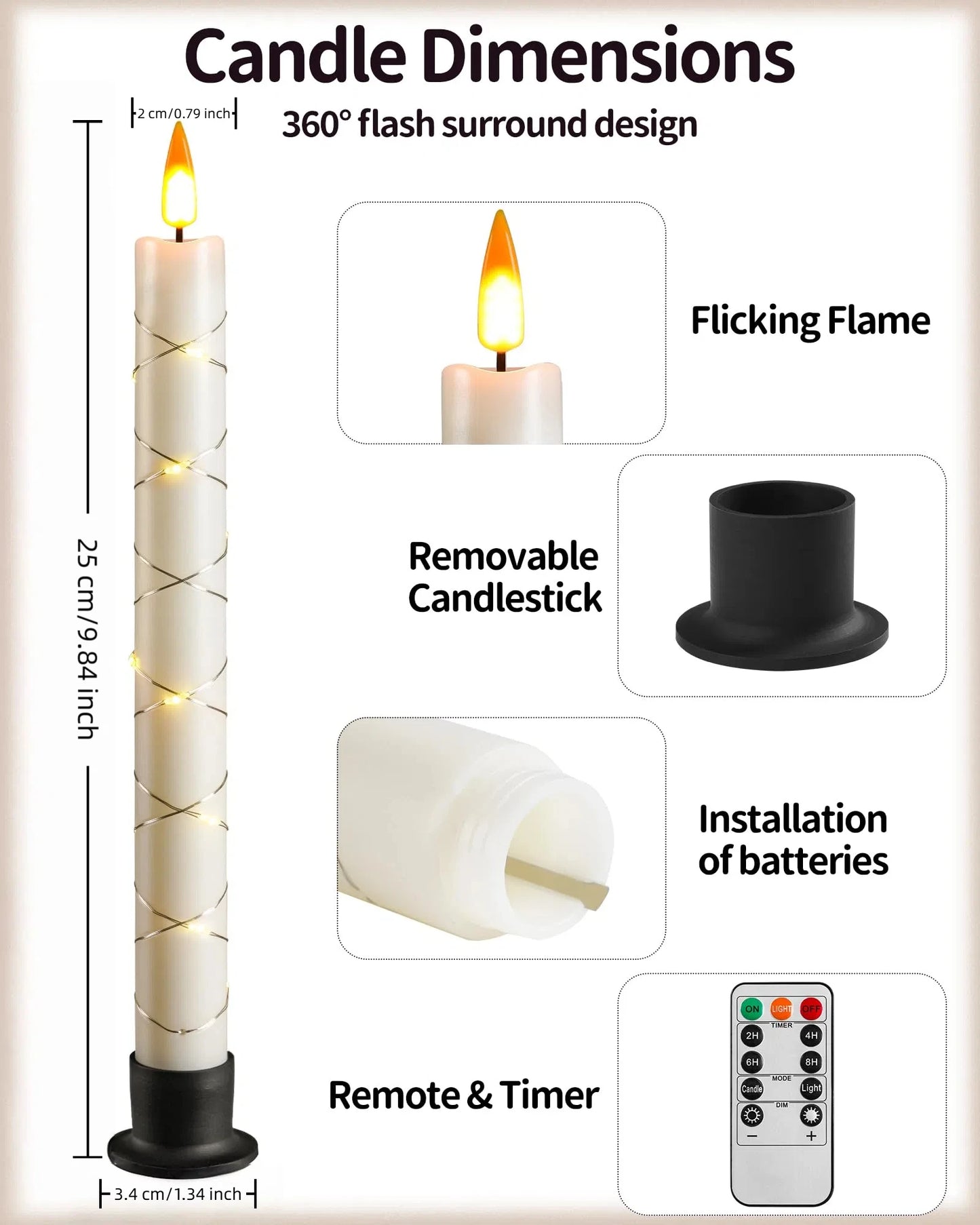 Flameless Candles with Remote Control & Timer, Surround String Lights, Battery Powered Free Black Bases for Home Décor Christmas