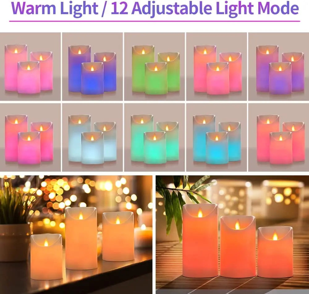 Pack of 3 Multicolor Flameless Candles, Battery Operated Candles, LED Candles with Remote Control & Timer of Wax Material Height 4''5''6''