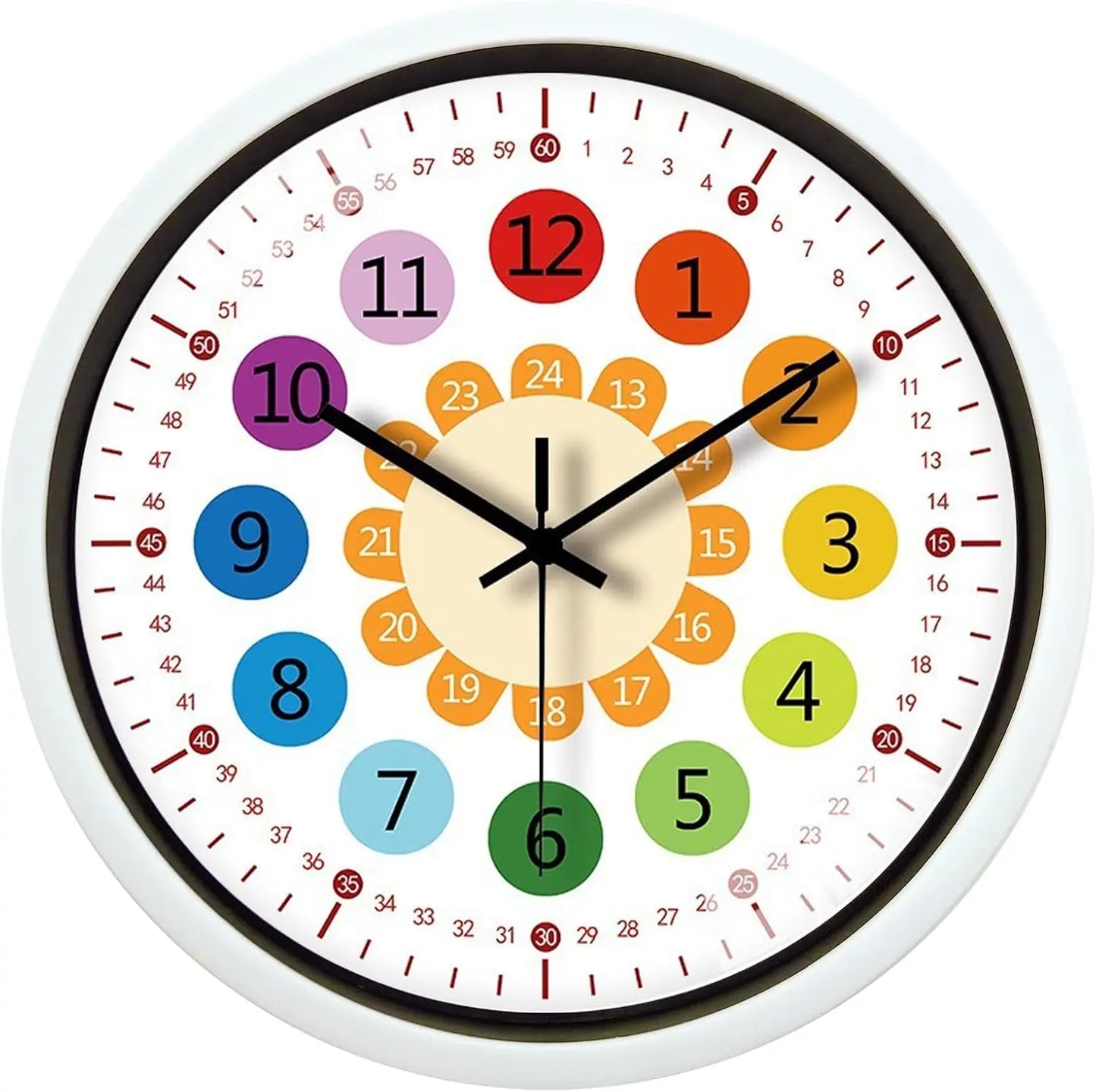 12 Inch Wall Clock Silent Non-Ticking Battery Operated Kids Colorful Childrens Learning Clock for Kids Room Playroom Classroom
