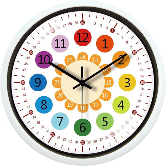 12 Inch Wall Clock Silent Non-Ticking Battery Operated Kids Colorful Childrens Learning Clock for Kids Room Playroom Classroom