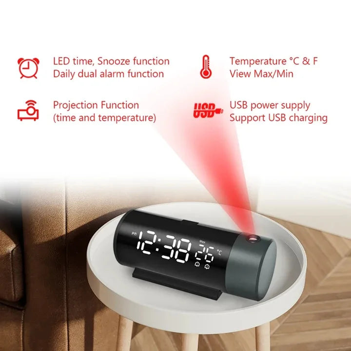 Projection Digital Alarm Clock with 180° Rotatable Projector, Clear LED Display4-Level Brightness Dimmer for Bedroom