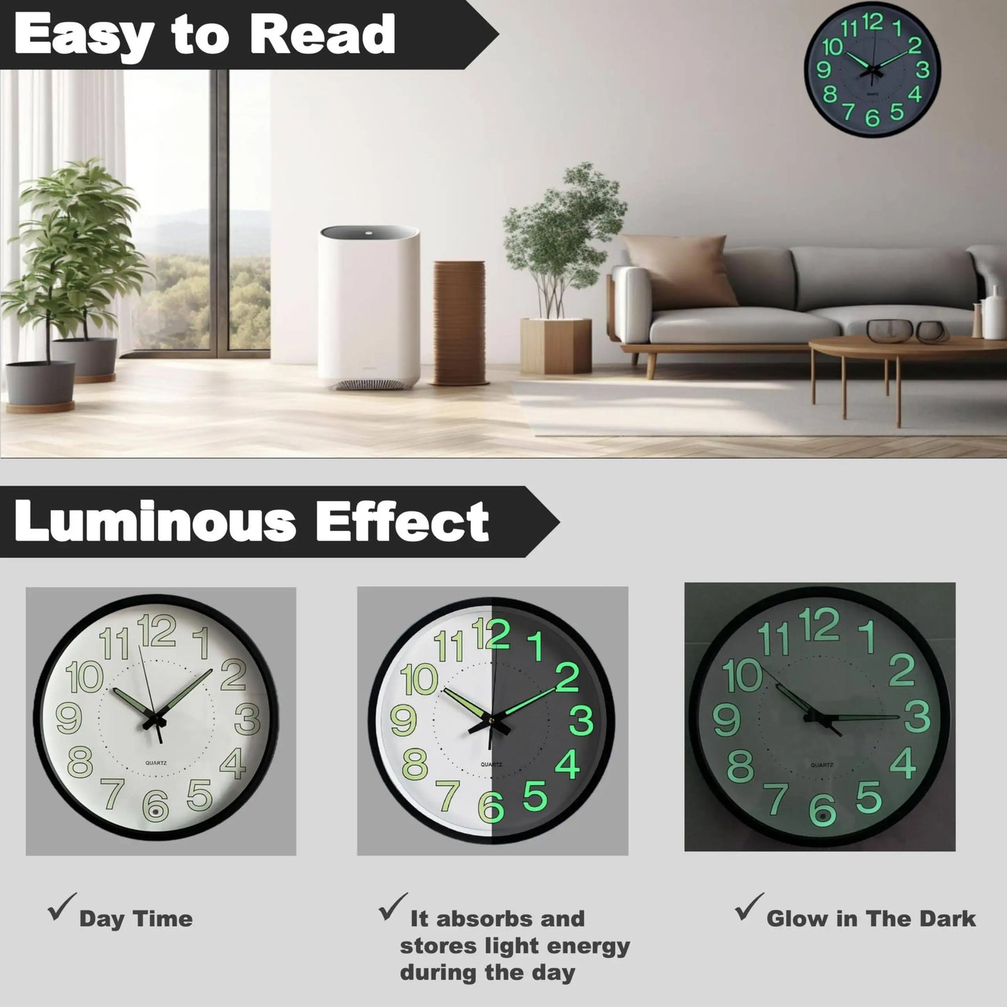 12" Night Light Wall Clock Non-Ticking Silent Luminous Black Round Glow in The Dark Battery Operated for Home/Garage/Office