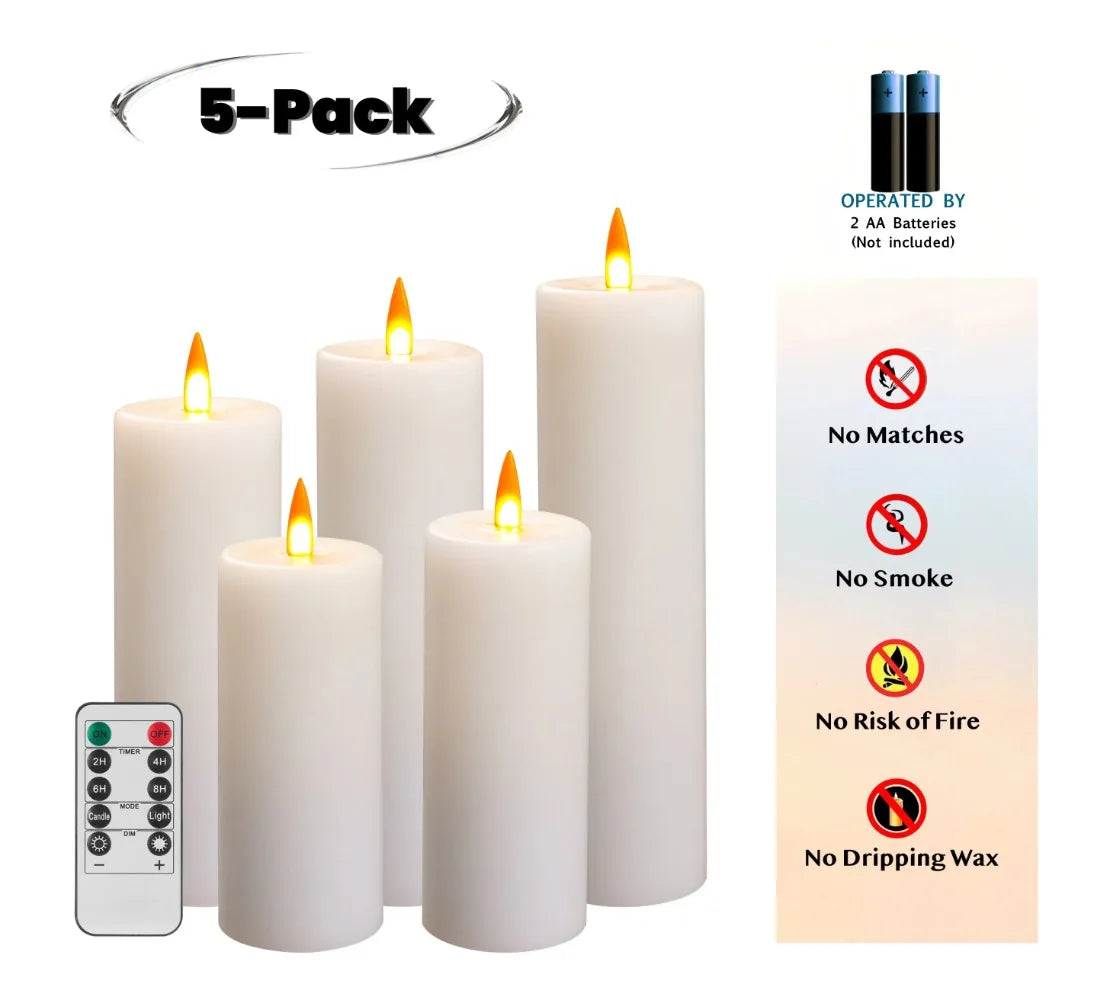5 Pack Flameless LED Candles with Remote Control  3D Dancing Flame Effect Real Wax Design Battery Operated Warm White Light