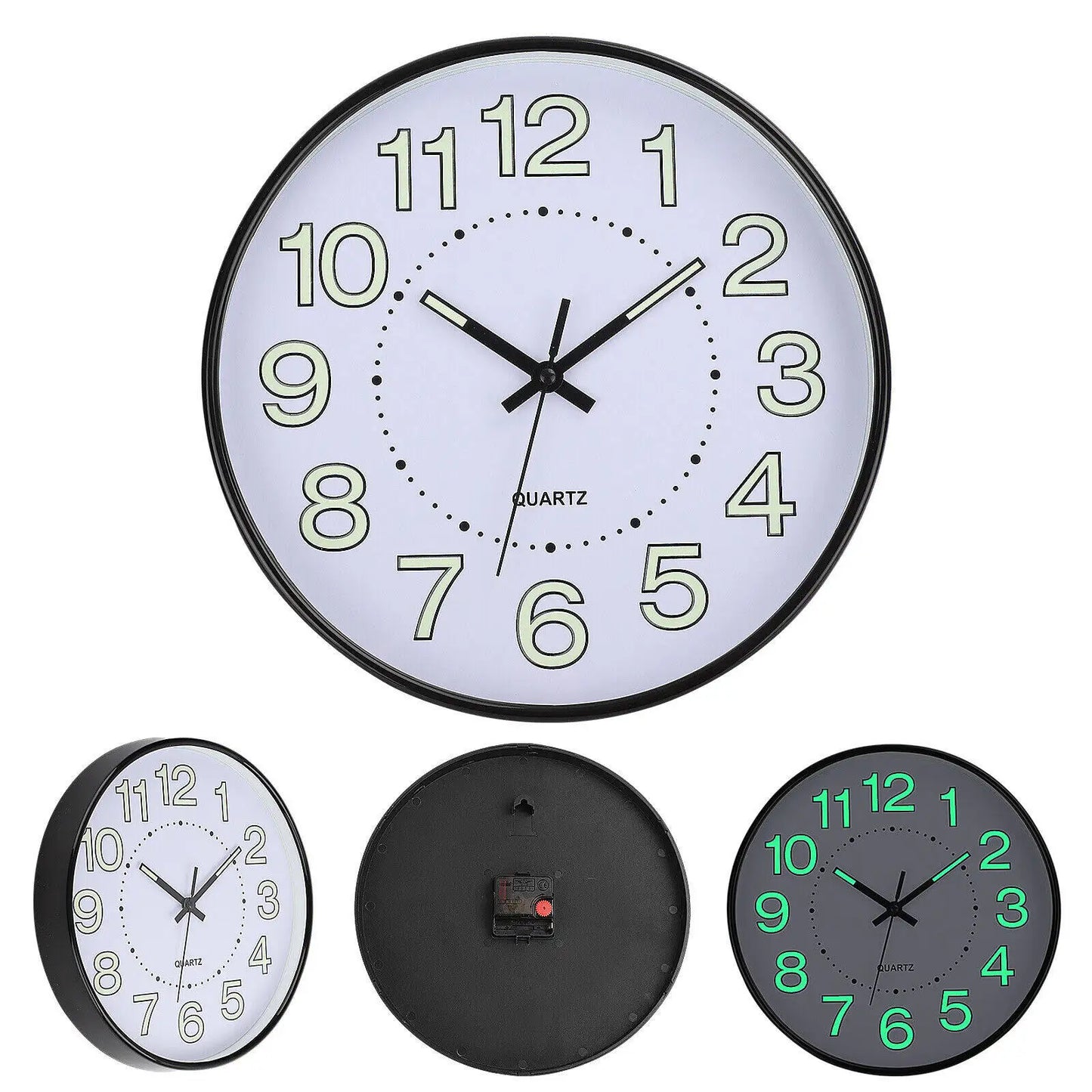 12" Night Light Wall Clock Non-Ticking Silent Luminous Black Round Glow in The Dark Battery Operated for Home/Garage/Office