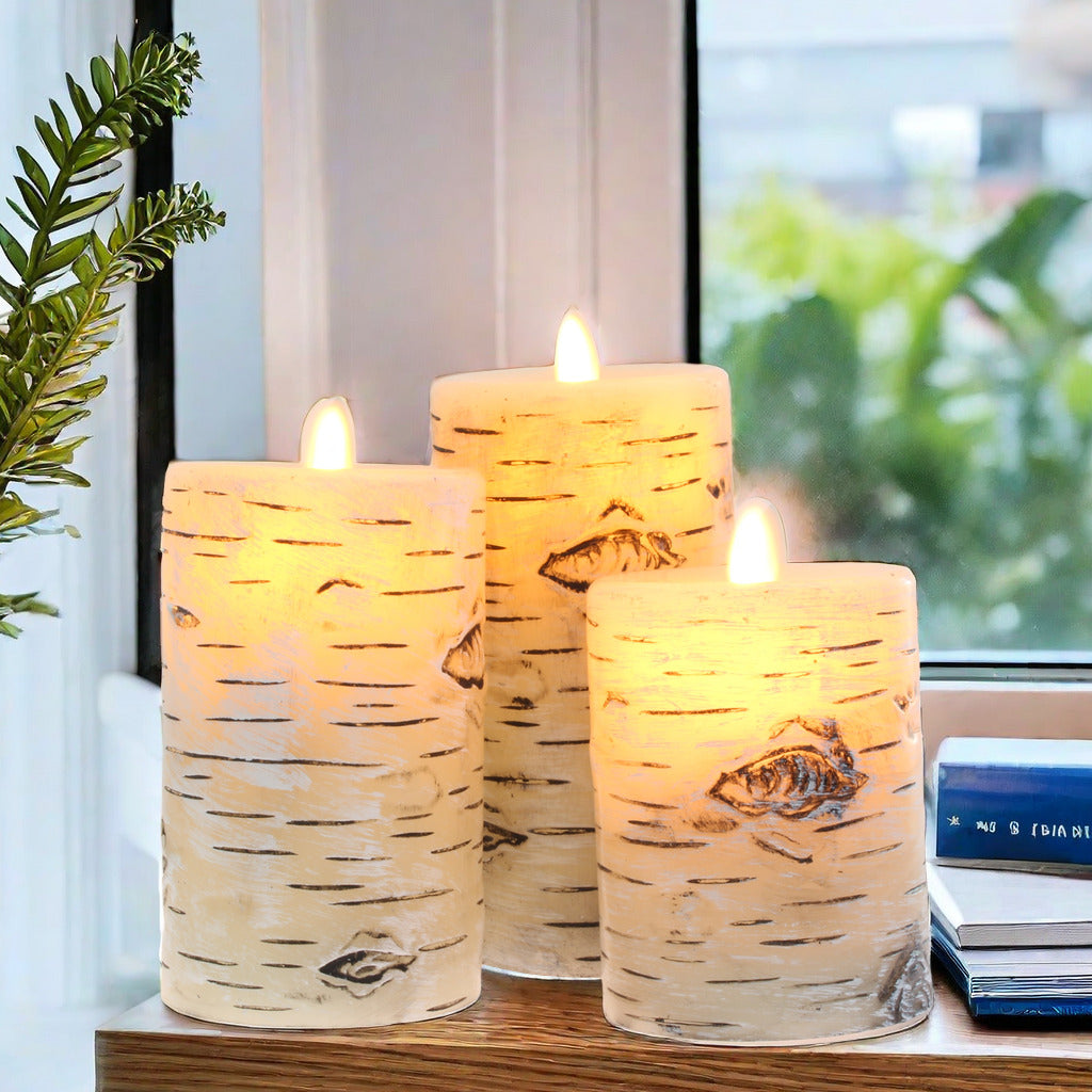 Set of 3 Birch Bark Flameless Candles (D 3" x H 4" 5" 6") Real Wax Pillars & Moving Flame Wick LED Candles With 10-Key Remote Control Timer