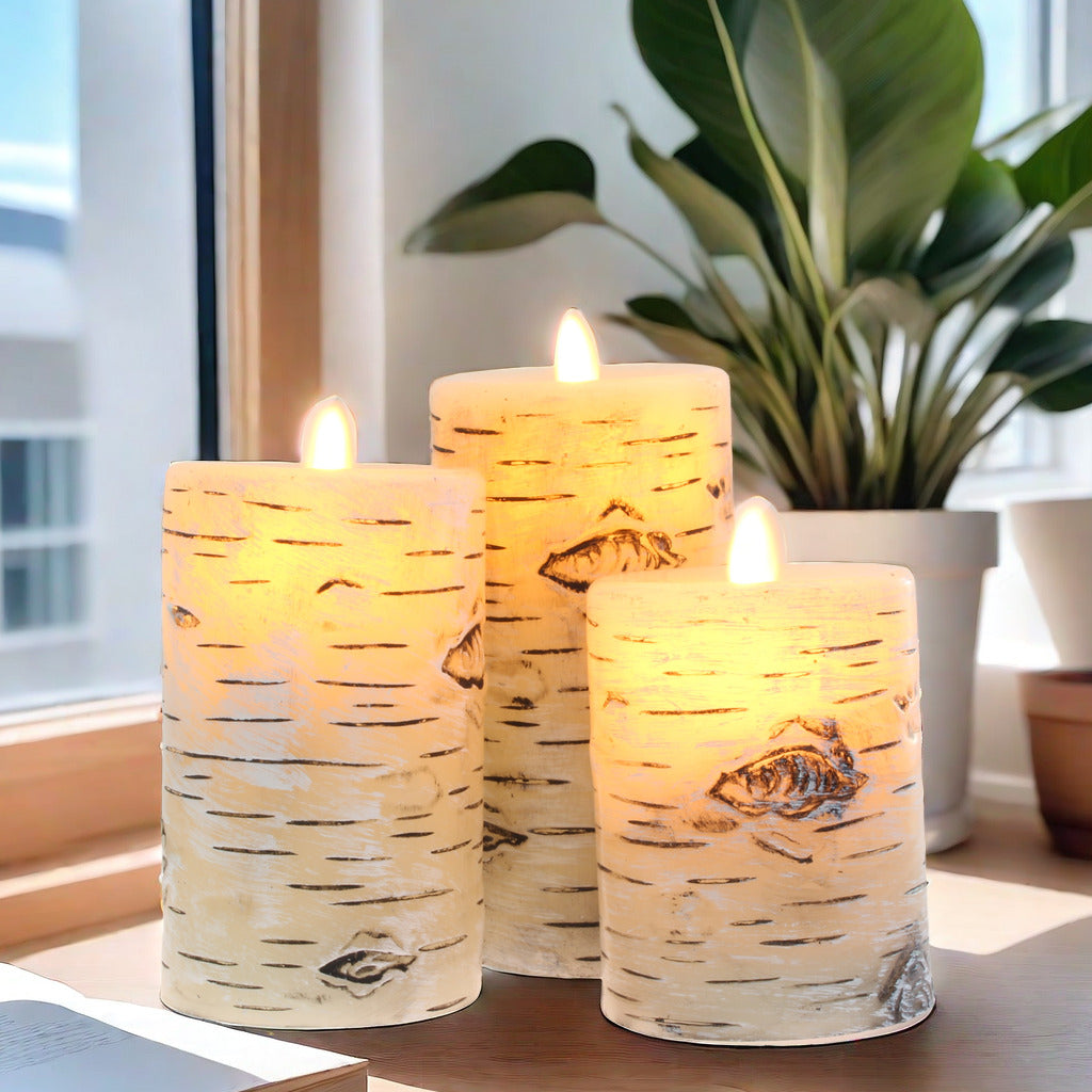 Set of 3 Birch Bark Flameless Candles (D 3" x H 4" 5" 6") Real Wax Pillars & Moving Flame Wick LED Candles With 10-Key Remote Control Timer