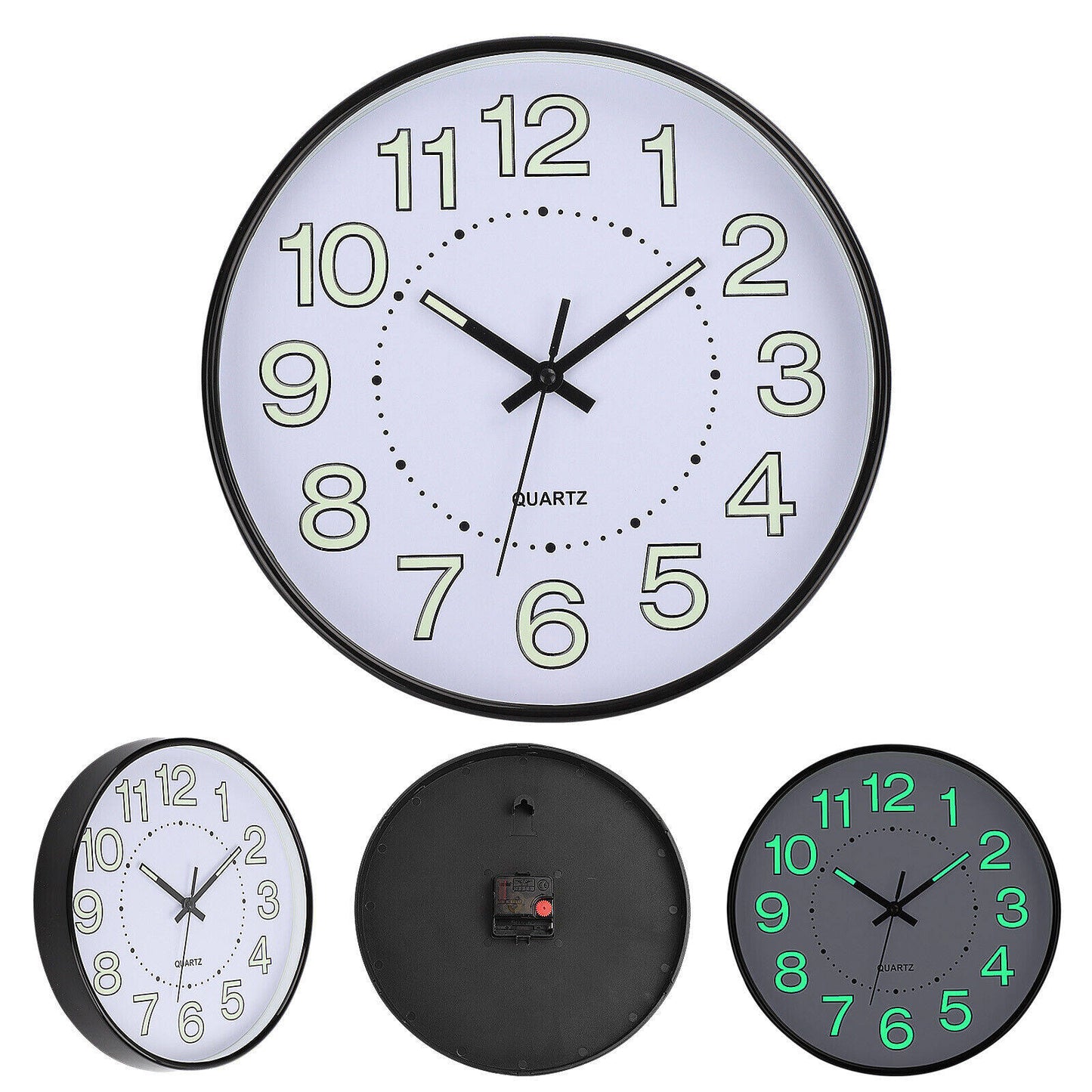 Night Light Wall Clock 12 Inch Non-Ticking Silent Luminous Decor Clock Black Round Glow in The Dark Battery Operated Wall Clocks for Home/Garage/Office/Living Room/Bedroom/Kitchen