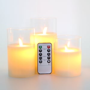 Pack of 3 Glass Flameless Candles Battery Operated Real Wax Pillars Glass LED Candles With Remote Control Cycling Timer 4" 5" 6"