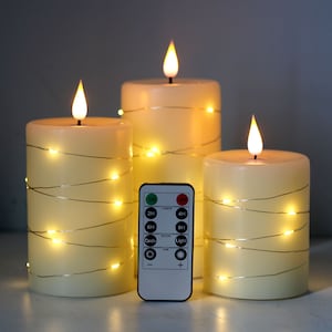 Set of 3 Flameless Candles 3D Wick LED Flickering Wax Pillar Candles with Embedded String Light Battery Operated with Remote and Timer