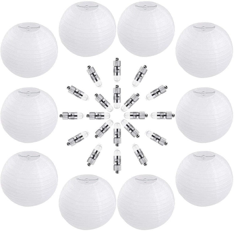 10 Packs 12 Inch White Round Paper Lanterns, 20 Packs White LED Party Lights with Batteries