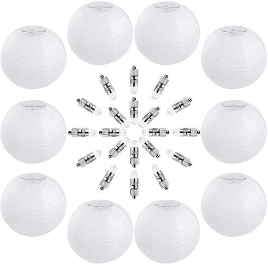 10 Packs 12 Inch White Round Paper Lanterns, 20 Packs White LED Party Lights with Batteries