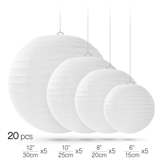 20 Pcs White Round Paper Lanterns for Weddings, Birthdays, Parties and Events - Assorted Sizes of 6", 8", 10", 12" (5 of Each Size)