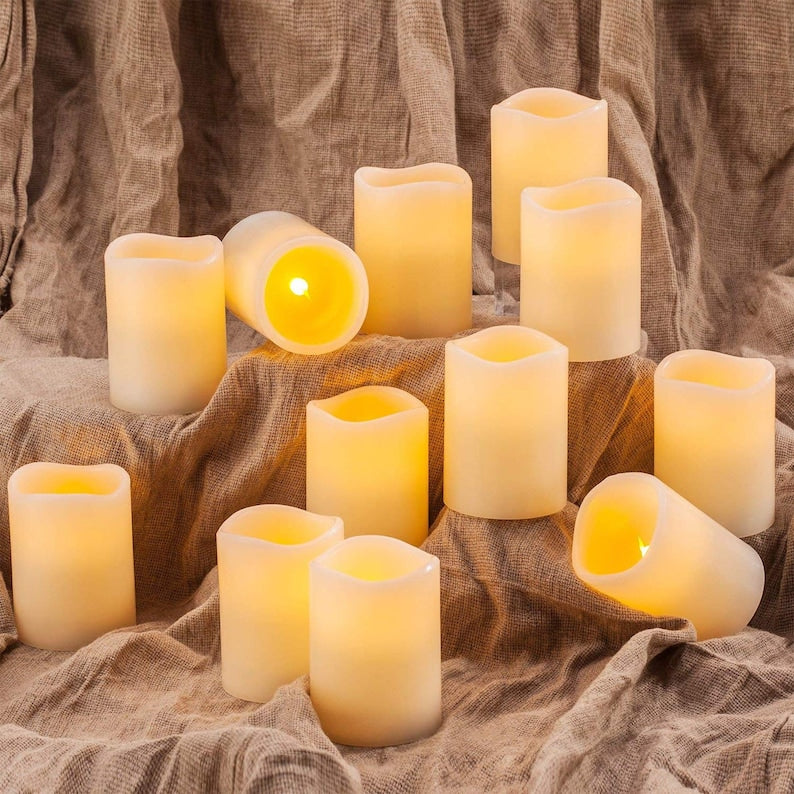 Pack of 12 Flameless Candles Real Wax Ivory LED Candles Φ3” x 4” Flickering Amber Flame Pillar Candles with Remote Control Timer