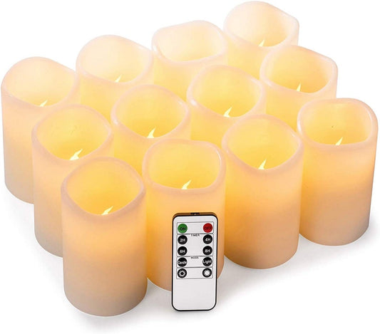 Pack of 12 Flameless Candles Real Wax Ivory LED Candles Φ3” x 4” Flickering Amber Flame Pillar Candles with Remote Control Timer