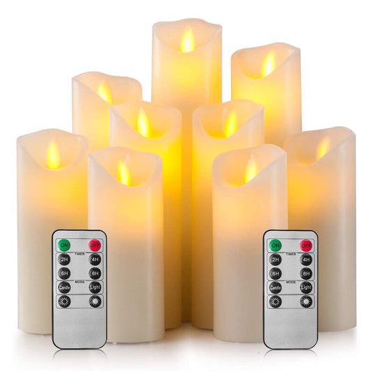 Flameless Candles Set of 9 (H 5" 5.5" 6" 7" 8" 9") Battery Operated Real Wax Pillars & Moving Flame Wick LED Candles w/ Remote Control Timer