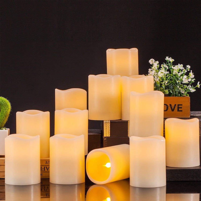 Pack of 12 Flameless Candles Real Wax Ivory LED Candles Φ3” x 4” Flickering Amber Flame Pillar Candles with Remote Control Timer