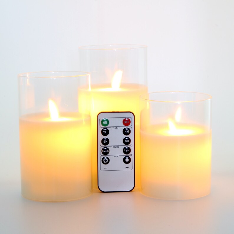 Pack of 3 Glass Flameless Candles Battery Operated Real Wax Pillars Glass LED Candles With Remote Control Cycling Timer 4" 5" 6"