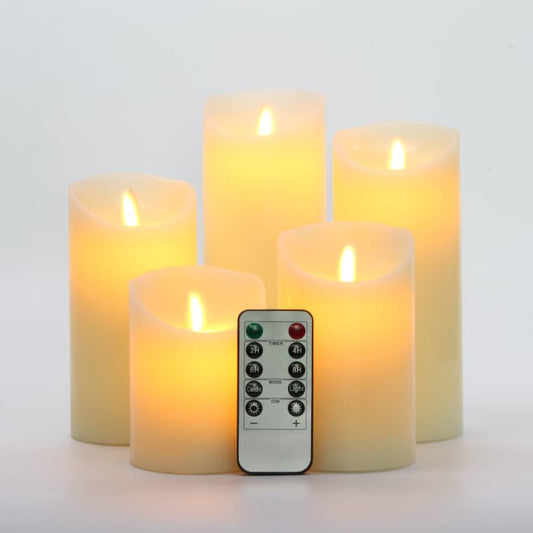 Flameless Candles Set of 5 (Φ3") LED Pillars Real Wax & Moving Flame Wick Flickering Candle with Remote Control Timer