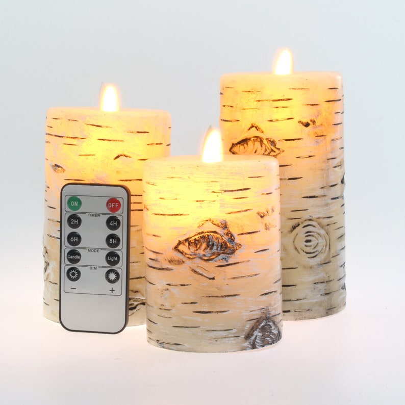 Set of 3 Birch Bark Flameless Candles (D 3" x H 4" 5" 6") Real Wax Pillars & Moving Flame Wick LED Candles With 10-Key Remote Control Timer