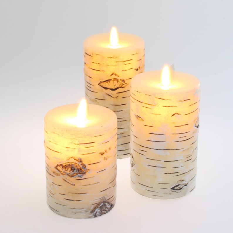 Set of 3 Birch Bark Flameless Candles (D 3" x H 4" 5" 6") Real Wax Pillars & Moving Flame Wick LED Candles With 10-Key Remote Control Timer