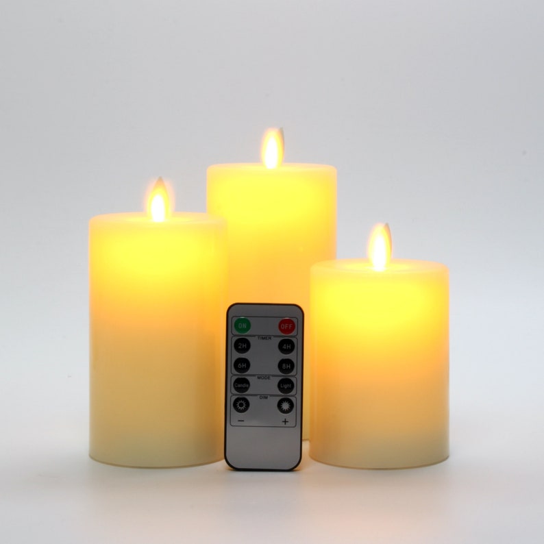 Flameless LED Candles with Flat Top, Real Wax Pillar Candle & Moving Flame Wick, Remote Control Timer, Champagne, Φ3"