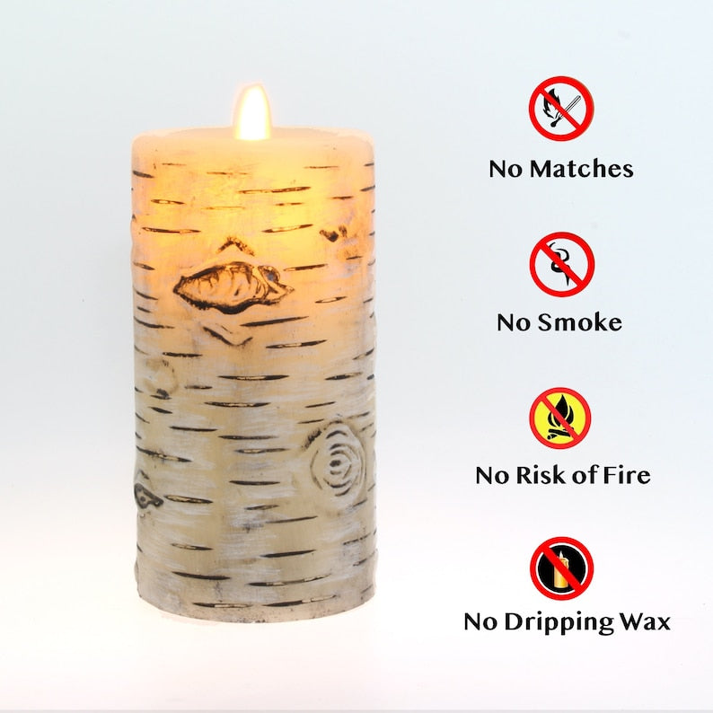 Set of 3 Birch Bark Flameless Candles (D 3" x H 4" 5" 6") Real Wax Pillars & Moving Flame Wick LED Candles With 10-Key Remote Control Timer