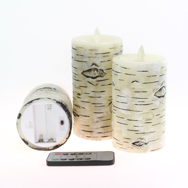 Set of 3 Birch Bark Flameless Candles (D 3" x H 4" 5" 6") Real Wax Pillars & Moving Flame Wick LED Candles With 10-Key Remote Control Timer