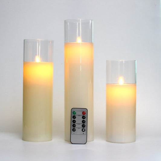 Glass Flameless Candles  8" 10" 12" Battery Operated Real Wax Pillars Glass LED Candles With Remote Control Cycling Timer