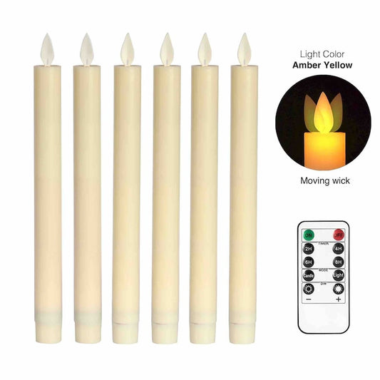 9" Moving Flame Taper Candles with Remote and Timer, Flameless LED Candlesticks Flickering with Moving Wick, Christmas Decorations Ivory
