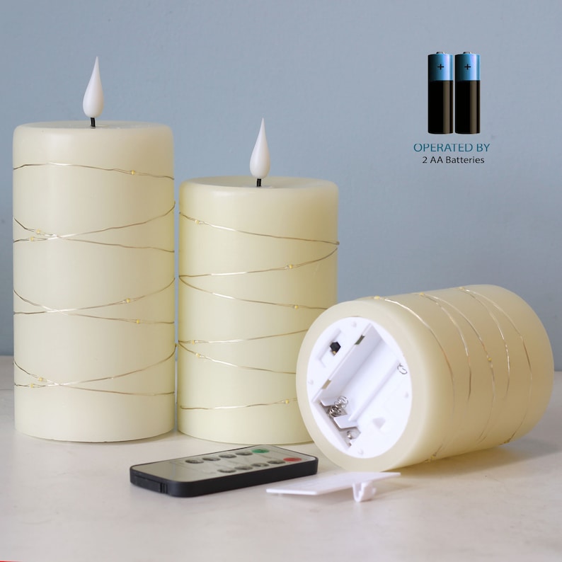 Set of 3 Flameless Candles 3D Wick LED Flickering Wax Pillar Candles with Embedded String Light Battery Operated with Remote and Timer