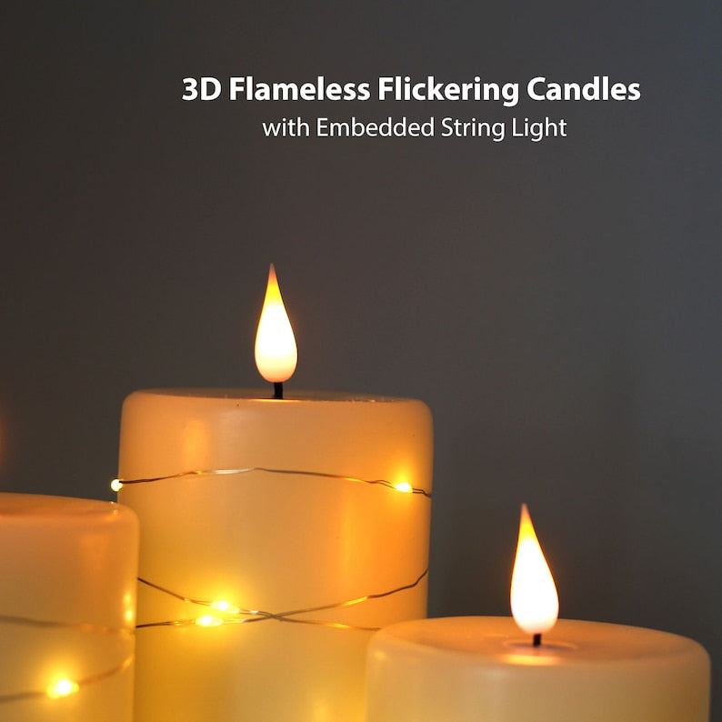 Set of 3 Flameless Candles 3D Wick LED Flickering Wax Pillar Candles with Embedded String Light Battery Operated with Remote and Timer