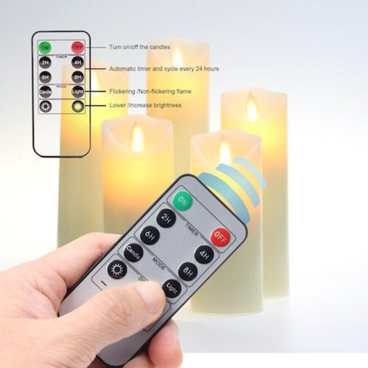 Flameless Candles Set of 5 Ivory Real Wax Pillars & Moving Flame Wick LED Candles and 10-Key Remote Control with Timer Function