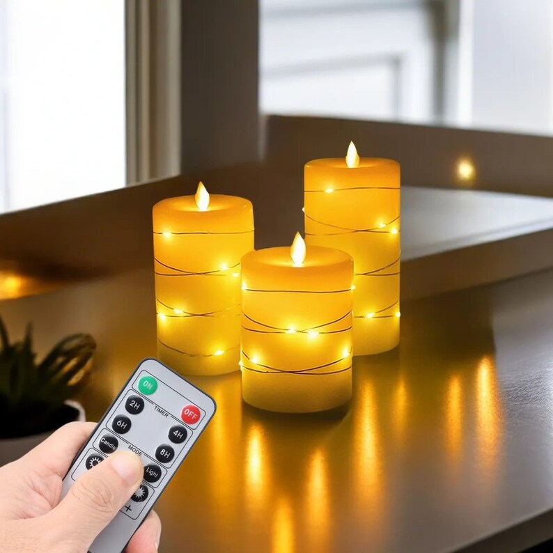 Set of 3 Real Wax Flameless Candles with Embedded String Lights Battery Operated with Remote and Timer Cycling 24 Hours Timer